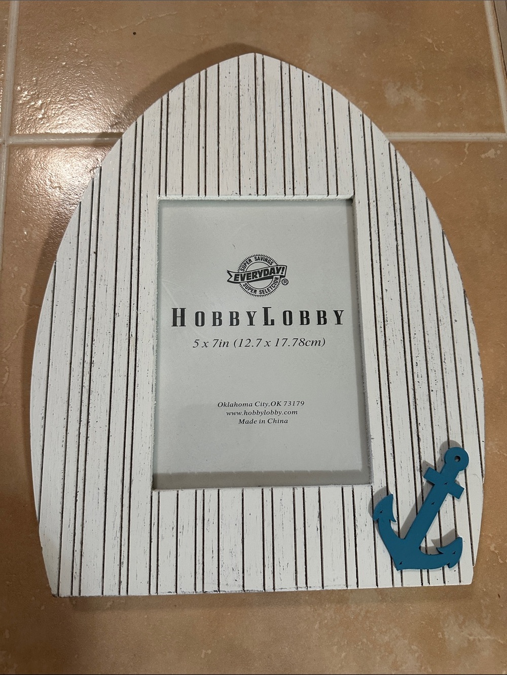 Hobby Lobby White Striped Frame with Blue Anchor Accent